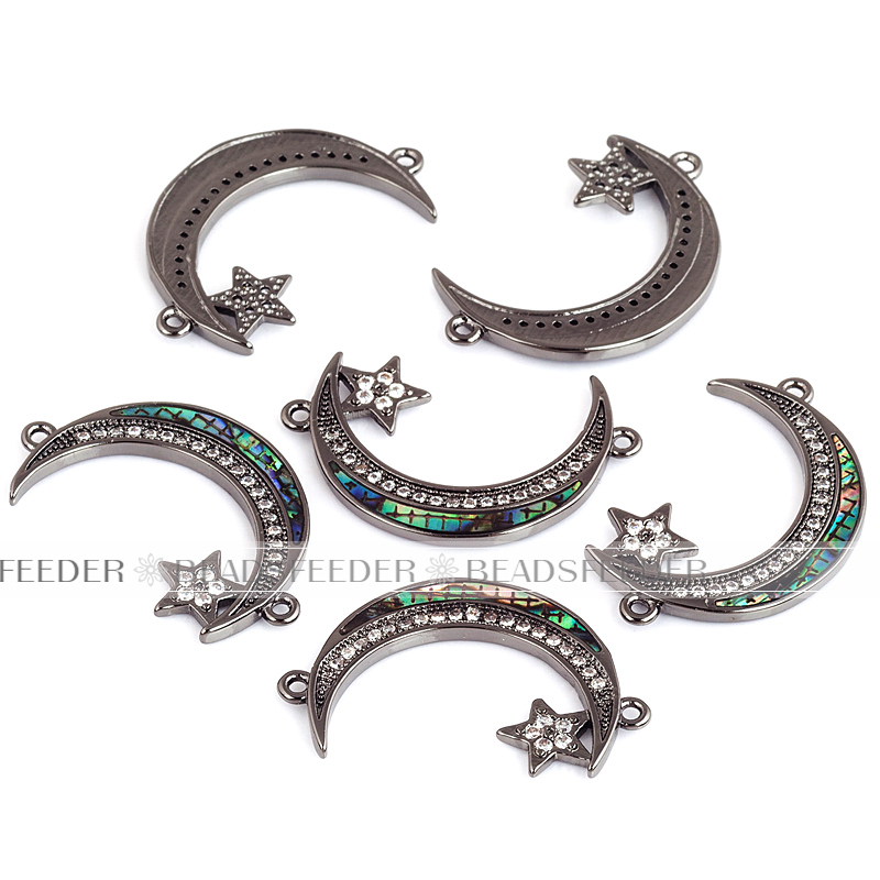 Half moon Star crescent connector，with abalone shell chips，clear cubic zirconia CZ micro pave , space connector ,30x19x2mm 1pc