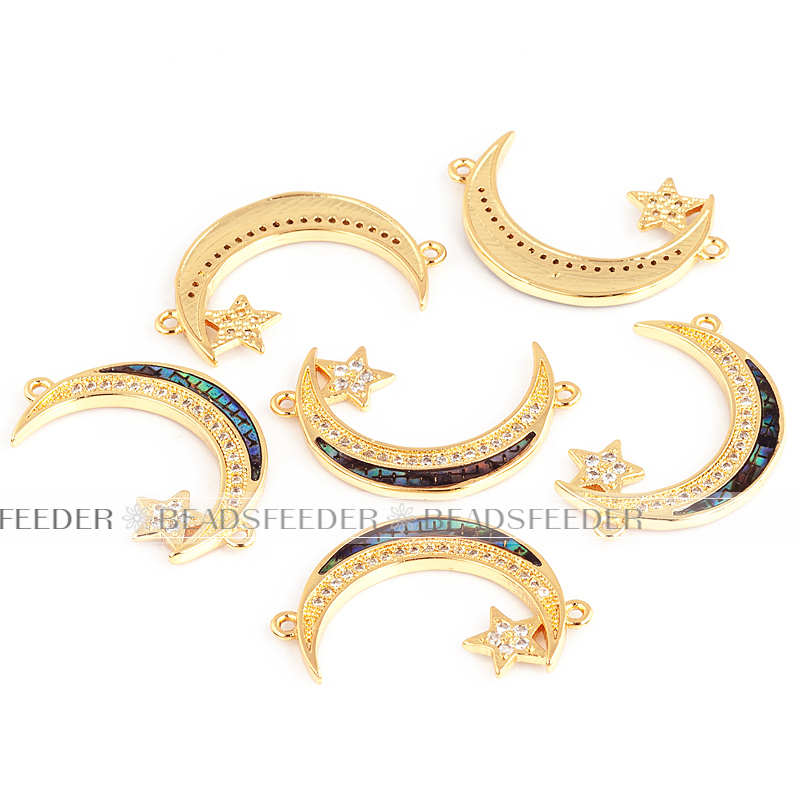 Half moon Star crescent connector，with abalone shell chips，clear cubic zirconia CZ micro pave , space connector ,30x19x2mm 1pc