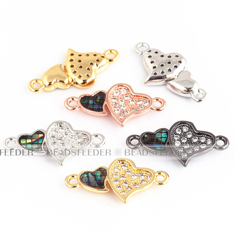 Twin heart link connector，with abalone shell chips，clear cubic zirconia CZ micro pave , space connector for bracelet ,19x10x2mm 1pc