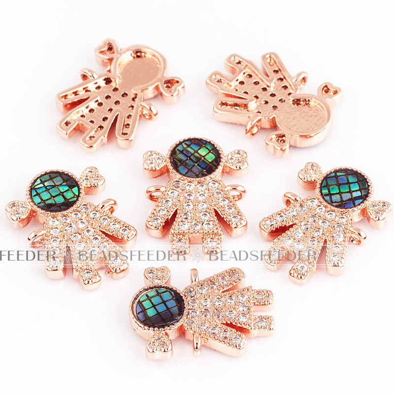 Family girl connector，with abalone shell chips，clear cubic zirconia CZ micro pave , space connector ,13x18x3mm