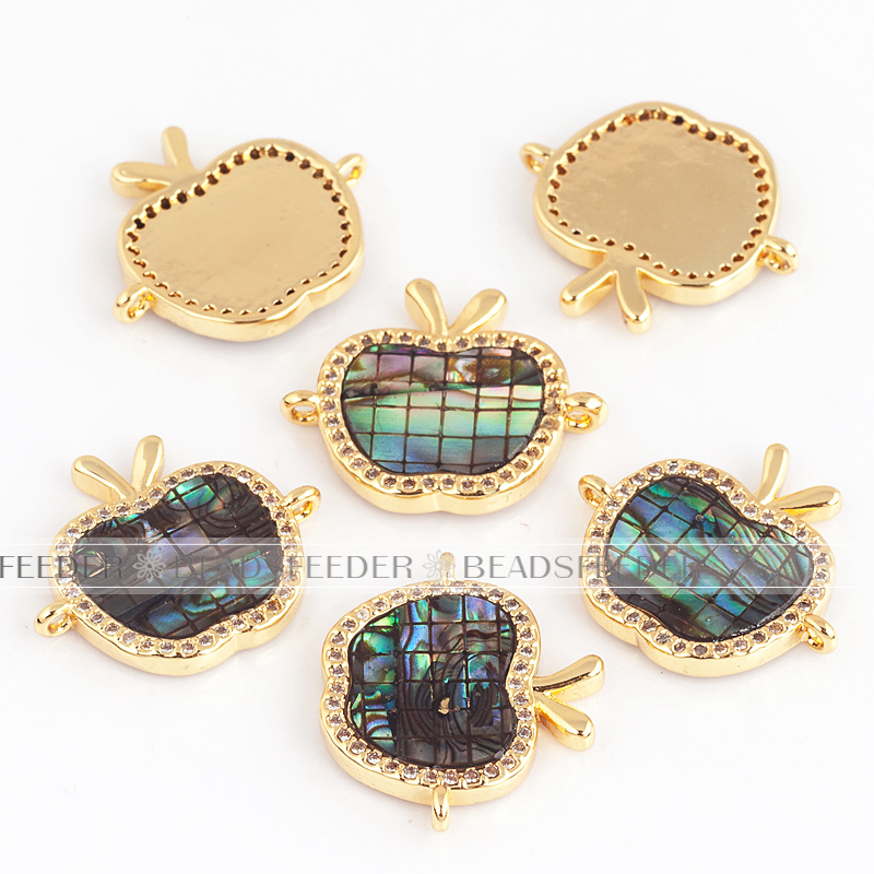 Apple link connector，with abalone shell chips，clear cubic zirconia CZ micro pave , space connector for bracelet ,19x16.5x3mm 1pc