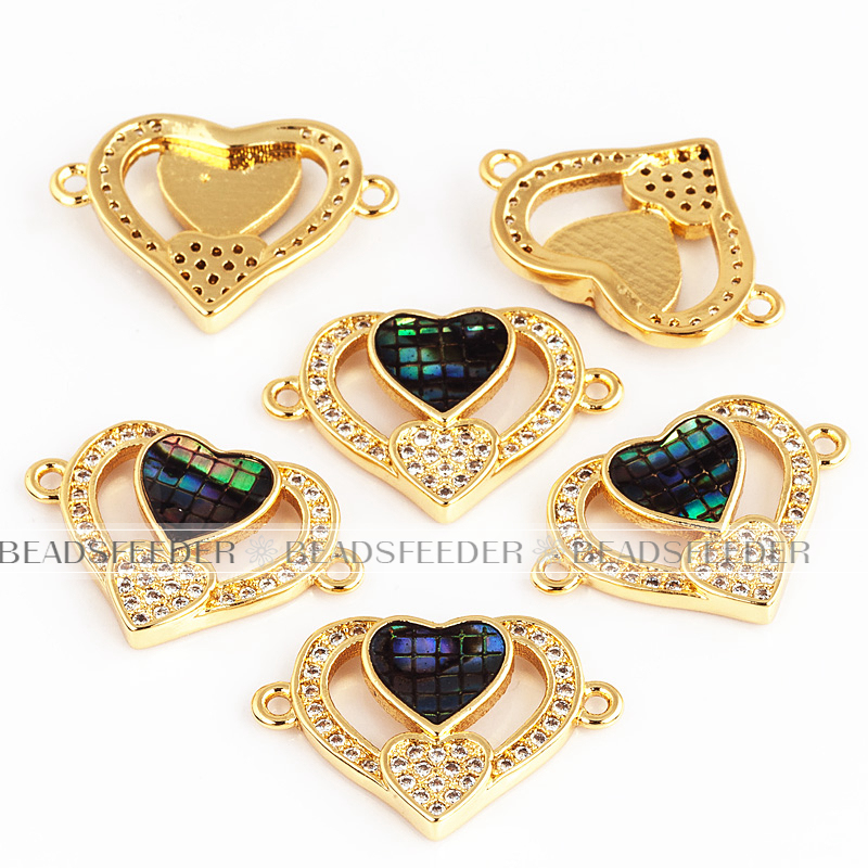 Twin heart link connector，with abalone shell chips，clear cubic zirconia CZ micro pave , space connector for bracelet ,21x15x3mm 1pc