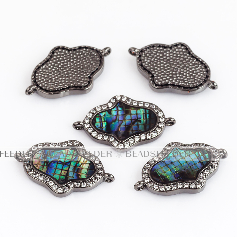 Hamsa Hand link connector，with abalone shell chips，clear CZ micro pave , space connector ,25x10x2.5mm 1pc
