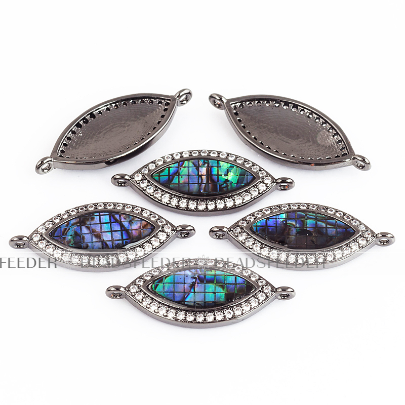 Evil eye connector，with abalone shell chips，clear CZ micro pave , space connector ,22x10mm