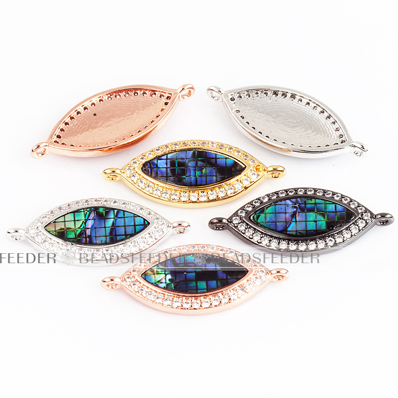 Evil eye connector，with abalone shell chips，clear CZ micro pave , space connector ,22x10mm