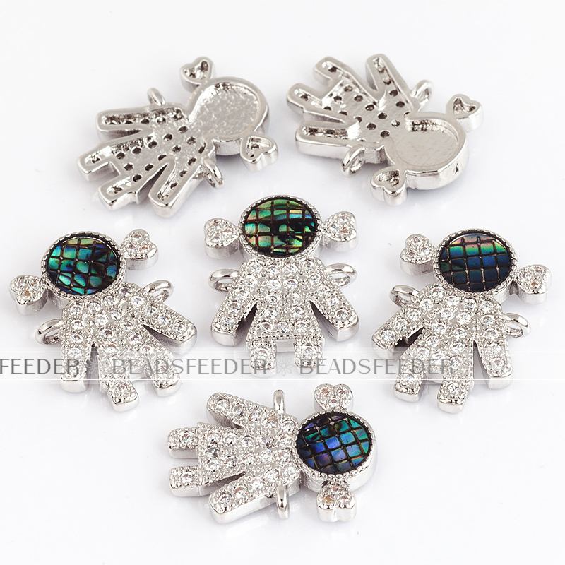 Family girl connector，with abalone shell chips，clear cubic zirconia CZ micro pave , space connector ,13x18x3mm
