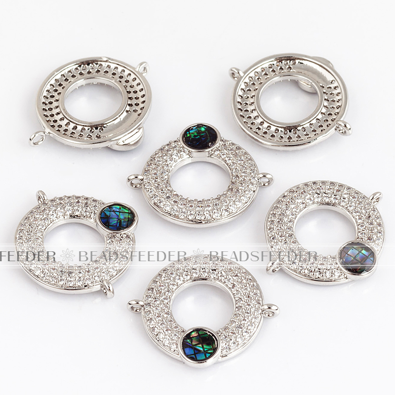 Donut  connector，with abalone shell chips，clear CZ micro pave , space connector ,22x19x3mm 1pc