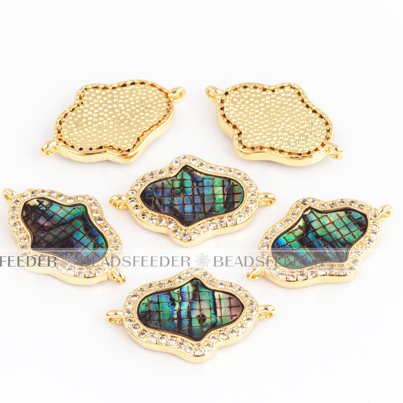 Hamsa Hand link connector，with abalone shell chips，clear CZ micro pave , space connector ,25x10x2.5mm 1pc