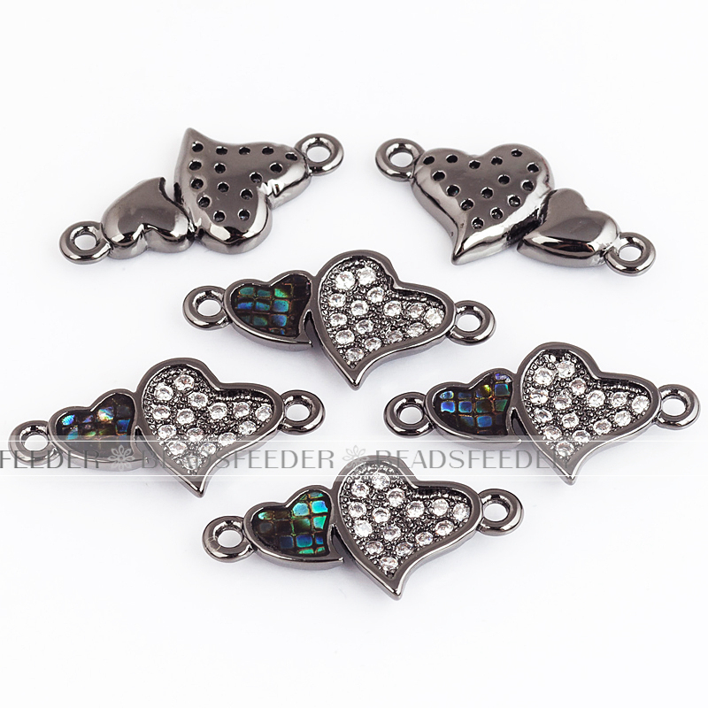 Twin heart link connector，with abalone shell chips，clear cubic zirconia CZ micro pave , space connector for bracelet ,19x10x2mm 1pc