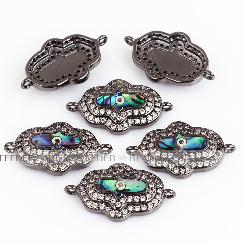 Hamsa Hand link connector，with abalone shell chips，clear CZ micro pave , space connector ,21.5x13x4mm