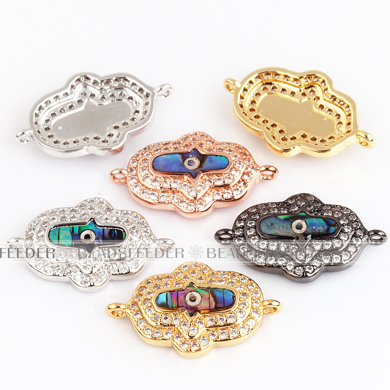 Hamsa Hand link connector，with abalone shell chips，clear CZ micro pave , space connector ,21.5x13x4mm