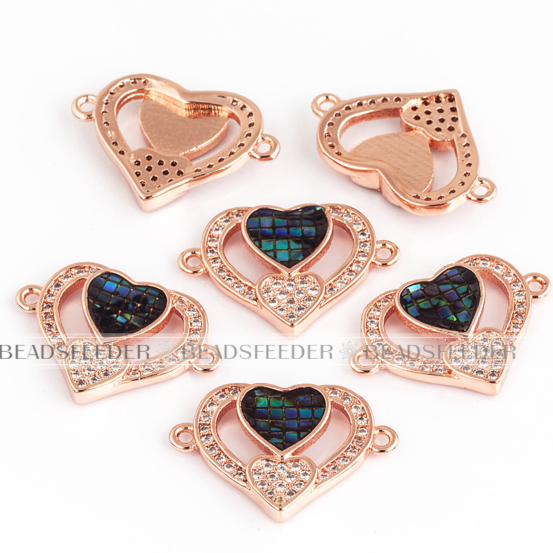 Twin heart link connector，with abalone shell chips，clear cubic zirconia CZ micro pave , space connector for bracelet ,21x15x3mm 1pc