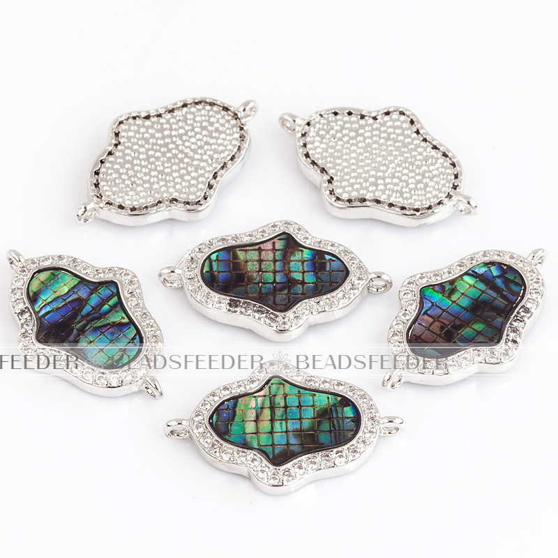 Hamsa Hand link connector，with abalone shell chips，clear CZ micro pave , space connector ,25x10x2.5mm 1pc