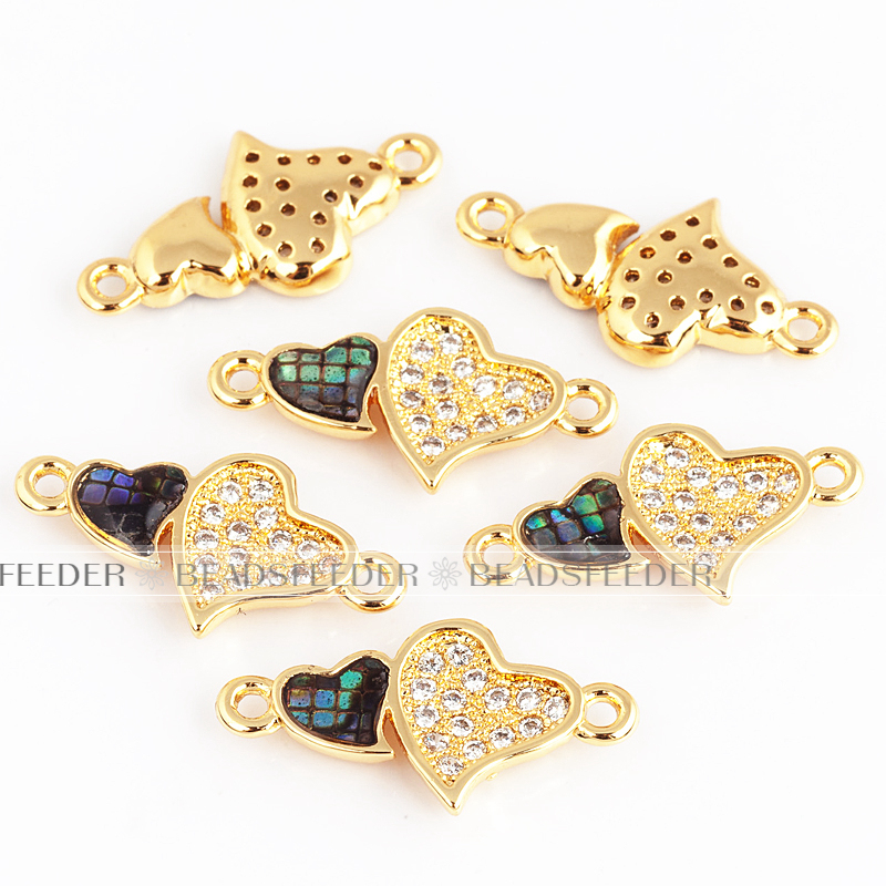 Twin heart link connector，with abalone shell chips，clear cubic zirconia CZ micro pave , space connector for bracelet ,19x10x2mm 1pc