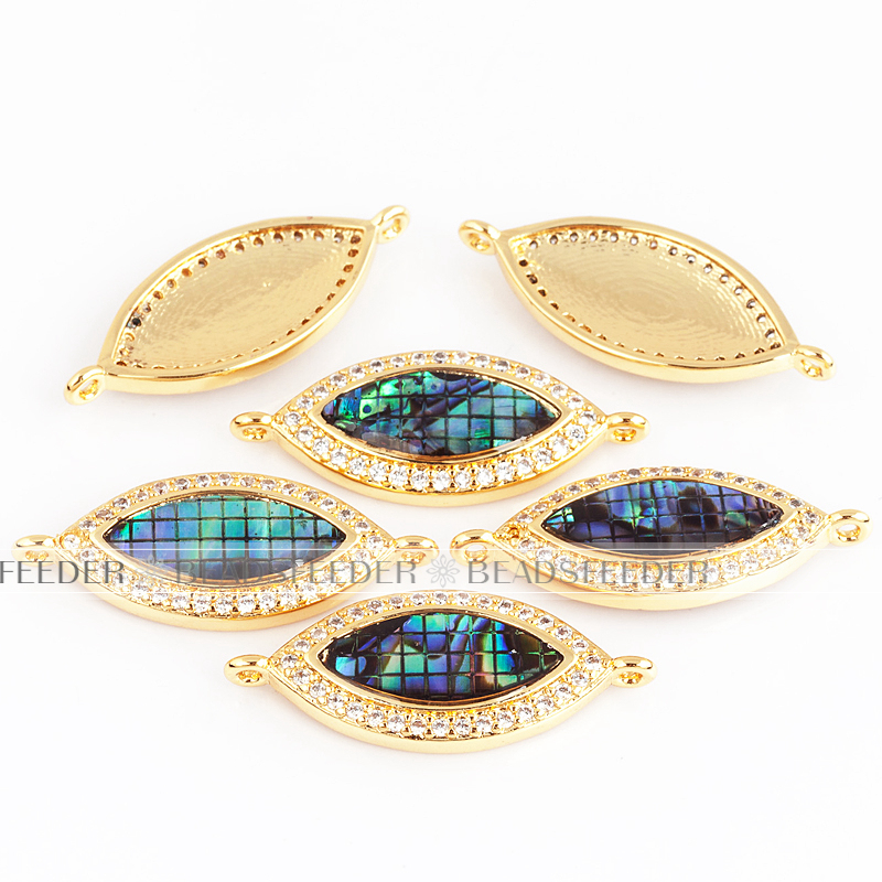 Evil eye connector，with abalone shell chips，clear CZ micro pave , space connector ,22x10mm