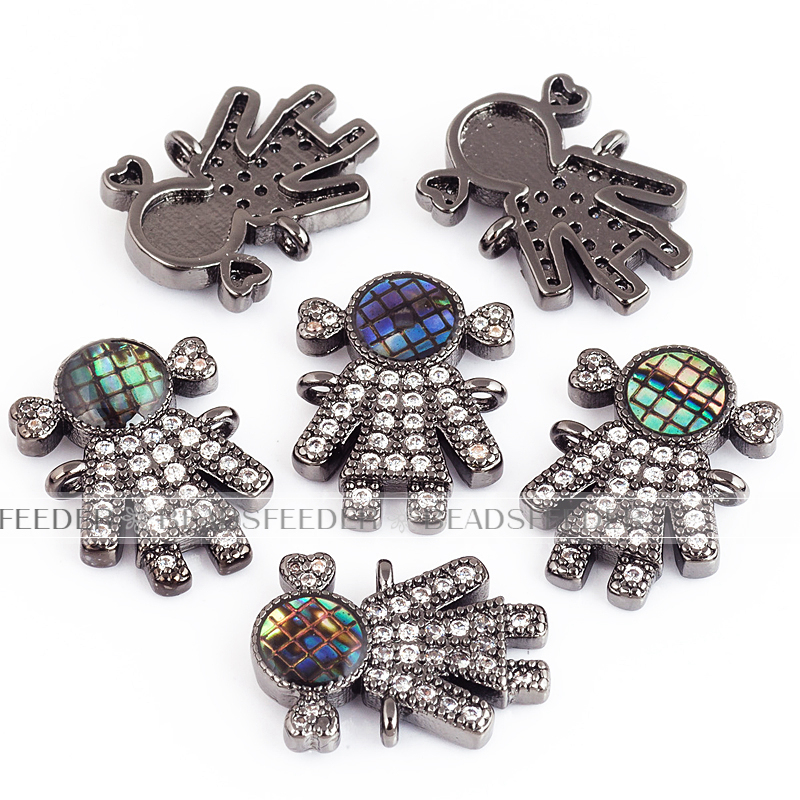 Family girl connector，with abalone shell chips，clear cubic zirconia CZ micro pave , space connector ,13x18x3mm