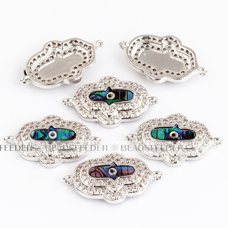 Hamsa Hand link connector，with abalone shell chips，clear CZ micro pave , space connector ,21.5x13x4mm