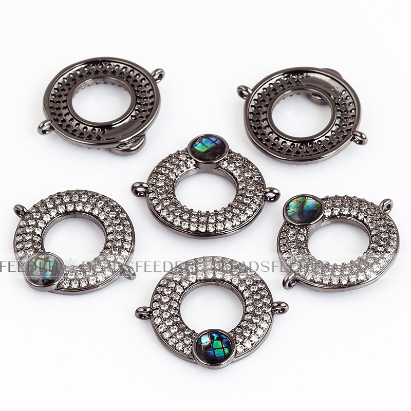 Donut  connector，with abalone shell chips，clear CZ micro pave , space connector ,22x19x3mm 1pc