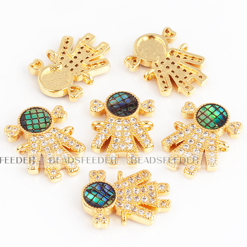 Family girl connector，with abalone shell chips，clear cubic zirconia CZ micro pave , space connector ,13x18x3mm