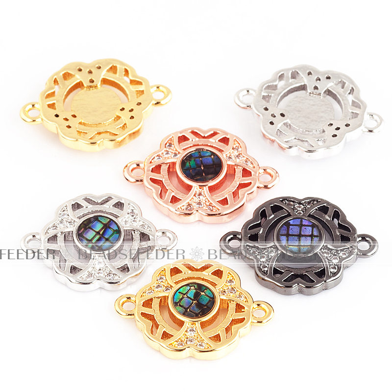 Hallow flower connector，with abalone shell chips，clear cubic zirconia CZ micro pave , space connector ,18x13x3mm 1pc
