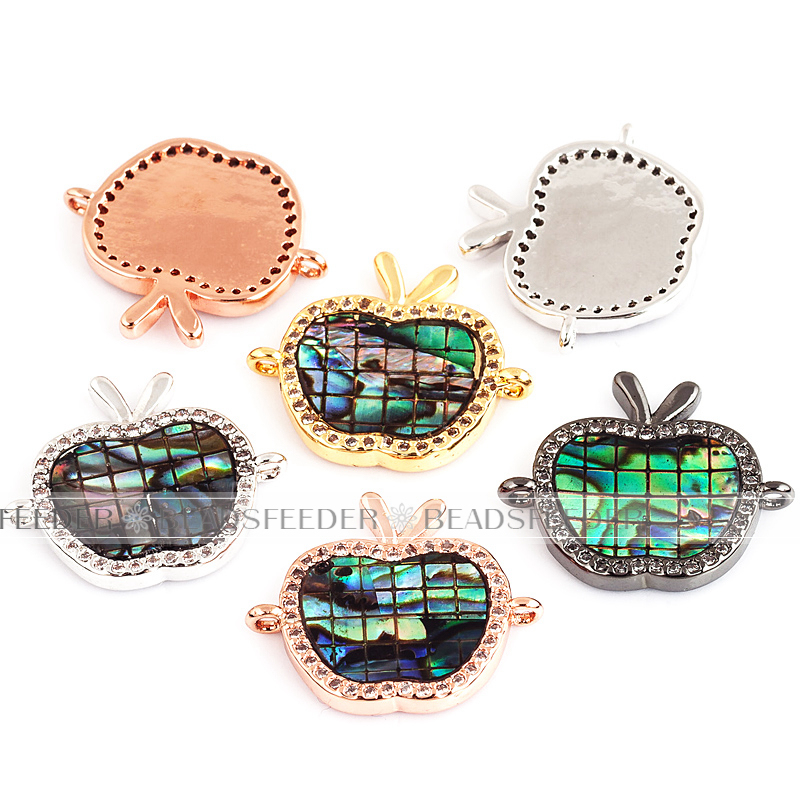 Apple link connector，with abalone shell chips，clear cubic zirconia CZ micro pave , space connector for bracelet ,19x16.5x3mm 1pc