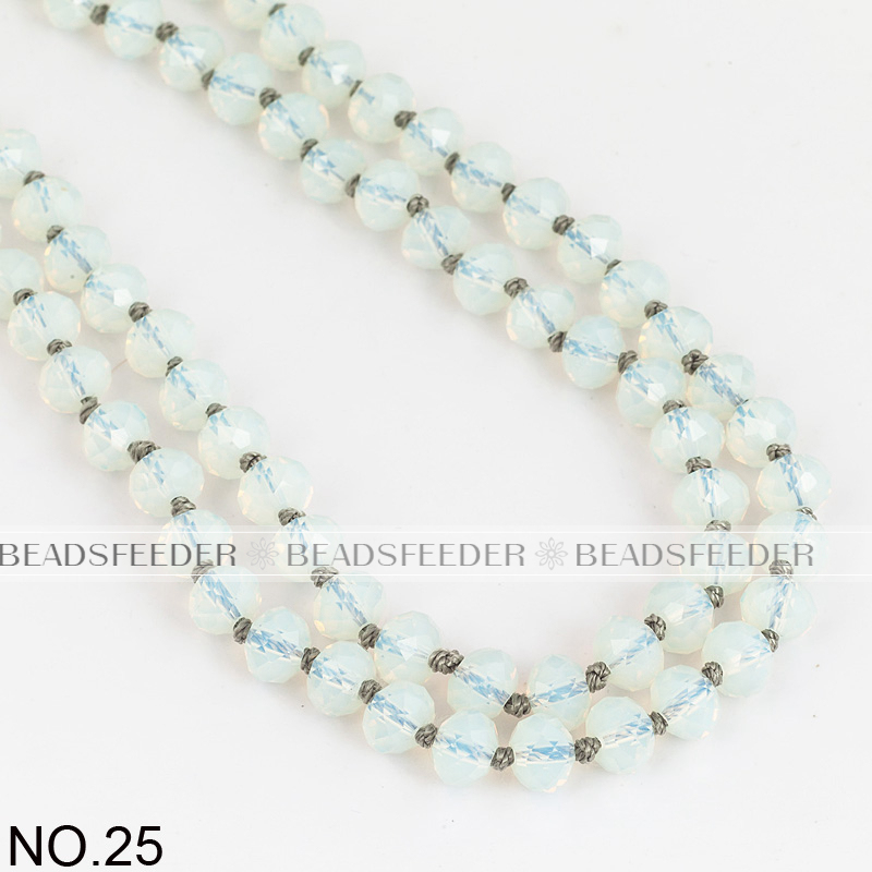 60'' inch, White opal, handknotted necklace chain,ready to wear, 8mm crystal glass beads knotted, ideal for pendant/stack layer necklace , 1 strand