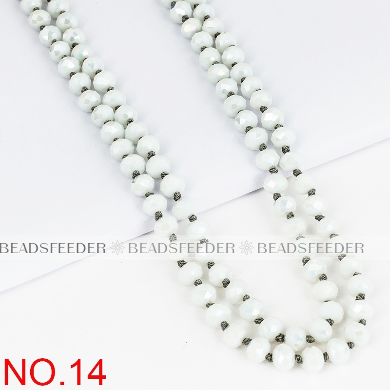 60'' inch, Gray white ,handknotted necklace chain,ready to wear, 8mm crystal glass beads knotted, ideal for pendant/stack layer necklace , 1 strand
