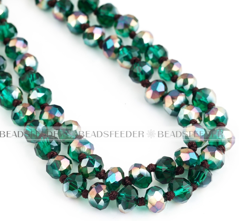 60'' inch, emerald , knotted necklace chain,ready to wear, 8mm crystal glass beads knotted, ideal for pendant/stack layer necklace , 1 strand