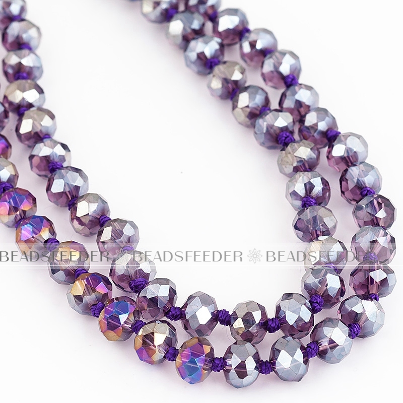 60'' inch, purple , knotted necklace chain,ready to wear, 8mm crystal glass beads knotted, ideal for pendant/stack layer necklace , 1 strand