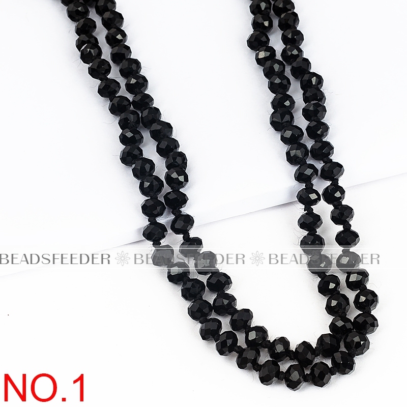 60'' inch black colour, knotted necklace chain,ready to wear, 8mm crystal glass beads knotted, ideal for pendant/stack layer necklace , 1 strand