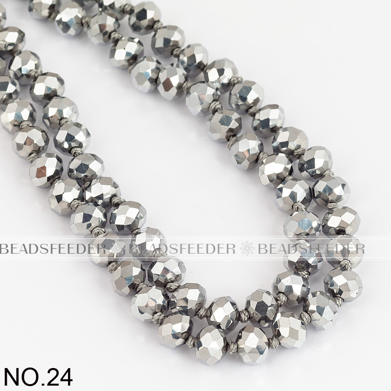 60'' inch, Bright silver ,handknotted necklace chain,ready to wear, 8mm crystal glass beads knotted, ideal for pendant/stack layer necklace , 1 strand