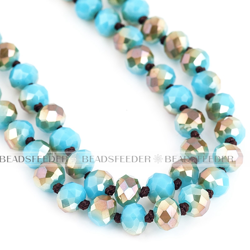 60'' inch, skyblue opal , knotted necklace chain,ready to wear, 8mm crystal glass beads knotted, ideal for pendant/stack layer necklace , 1 strand
