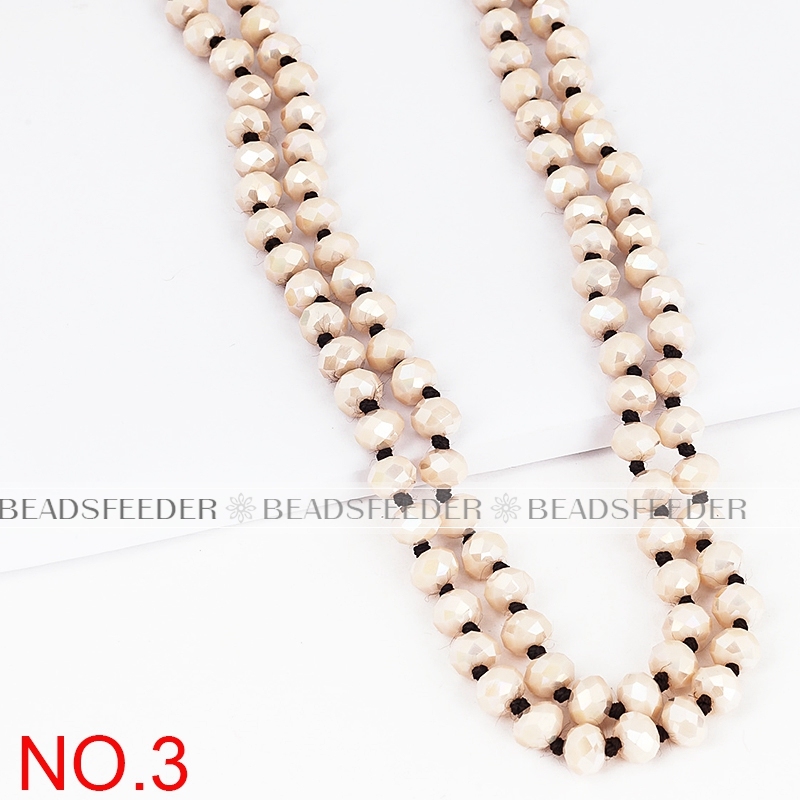 60'' inch, beige colour, knotted necklace chain,ready to wear, 8mm crystal glass beads knotted, ideal for pendant/stack layer necklace , 1 strand