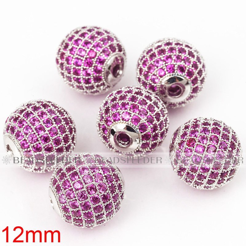12mm Fuchsia CZ shamballa round ball bead Micro Pave Bead,Clear Cubic Zirconia CZ beads,for men and women Bracelet
