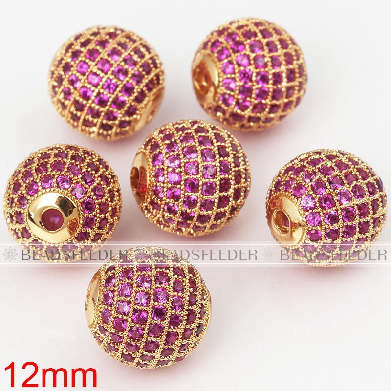 12mm Fuchsia CZ shamballa round ball bead Micro Pave Bead,Clear Cubic Zirconia CZ beads,for men and women Bracelet
