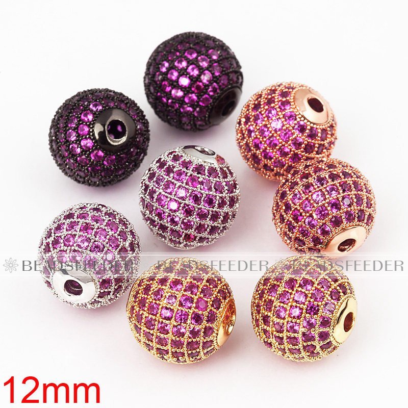 12mm Fuchsia CZ shamballa round ball bead Micro Pave Bead,Clear Cubic Zirconia CZ beads,for men and women Bracelet
