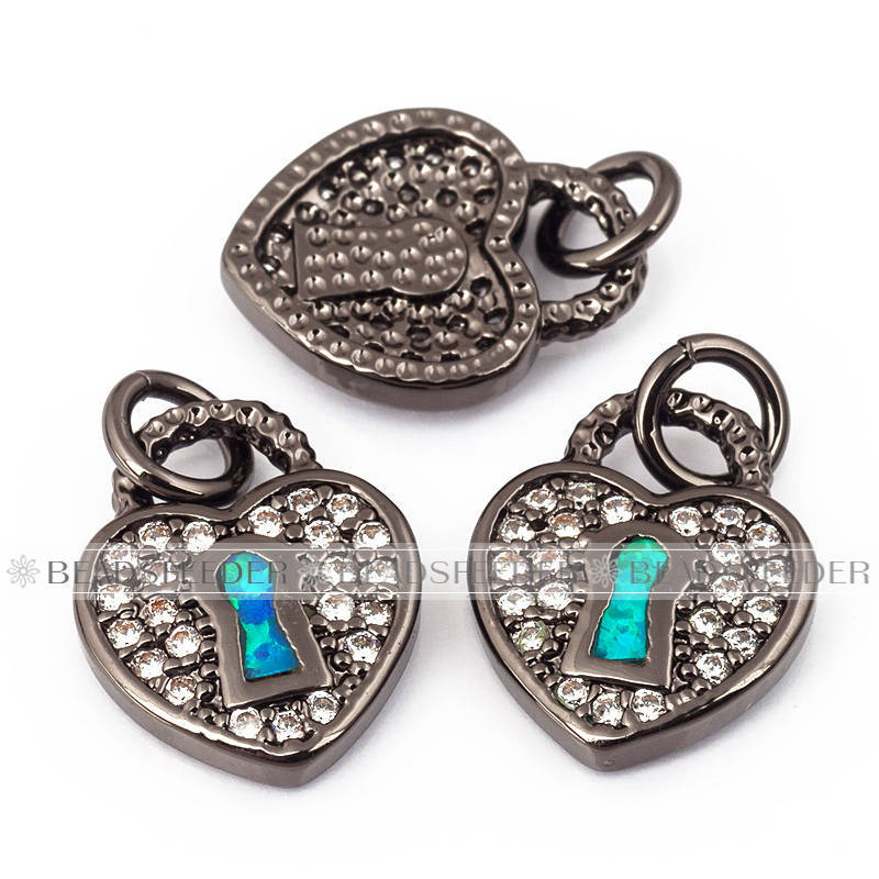 Heart Lock charm/pendant,blue opal, clear CZ micro paved,findingings,Cubic Zirconia CZ pendant,jewelry supplies,craft supplies,15mm,1pc