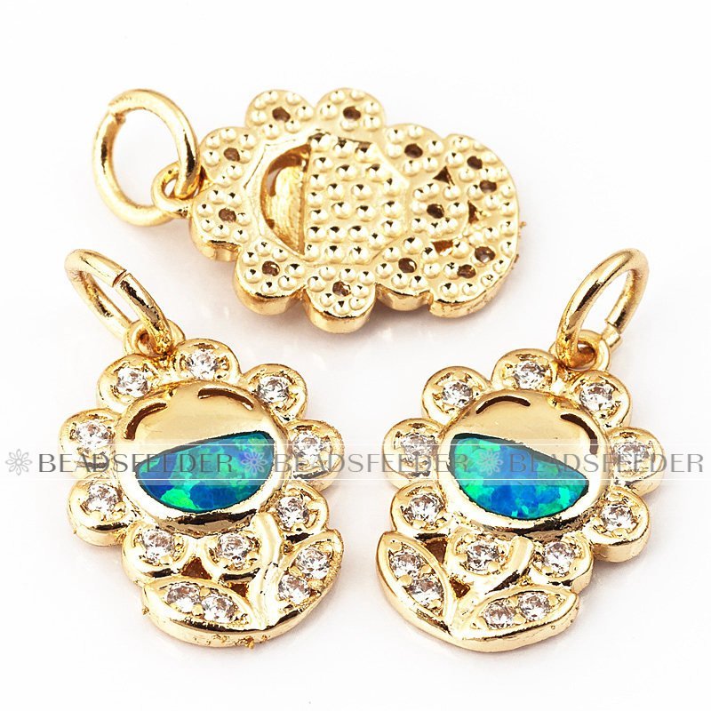 Sunflower baby charm/pendant,blue opal, clear CZ micro paved,findingings,Cubic Zirconia CZ pendant,jewelry supplies,craft supplies,14mm,1pc