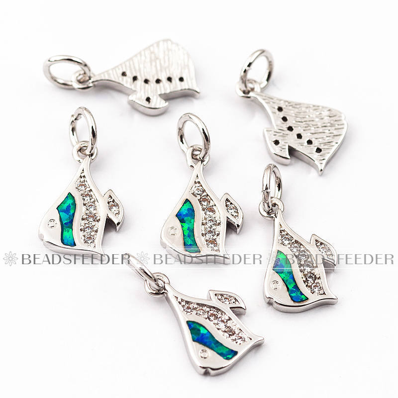 Tropical fish charm,blue opal, clear CZ micro paved, findingings, Cubic Zirconia CZ pendant ,Rose Gold/black/Silver colour, 13mm,1pc