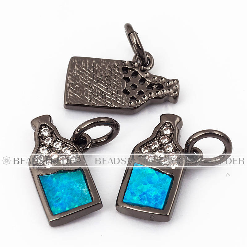 Wine bottle charm/pendant,blue opal, clear CZ micro paved,findingings,Cubic Zirconia CZ pendant,jewelry supplies,craft supplies,14x10x2mm,1pc