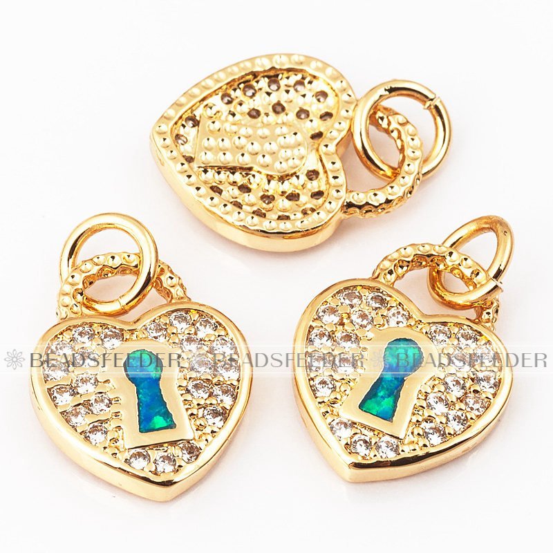 Heart Lock charm/pendant,blue opal, clear CZ micro paved,findingings,Cubic Zirconia CZ pendant,jewelry supplies,craft supplies,15mm,1pc