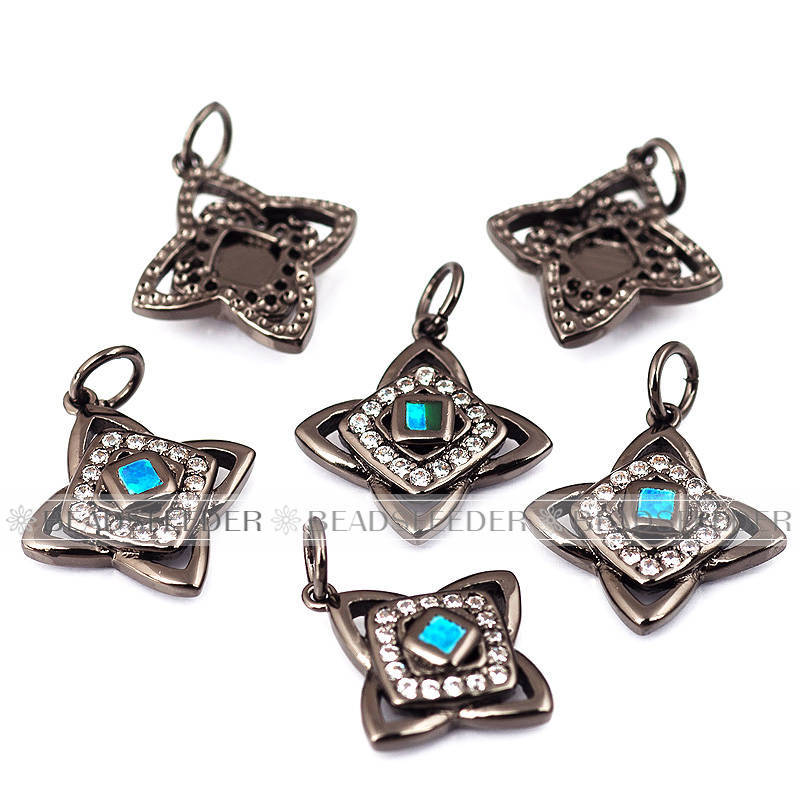 Clover flower charm/pendant,blue opal, clear CZ micro paved,findingings,Cubic Zirconia CZ pendant,jewelry supplies,craft supplies,14mm,1pc