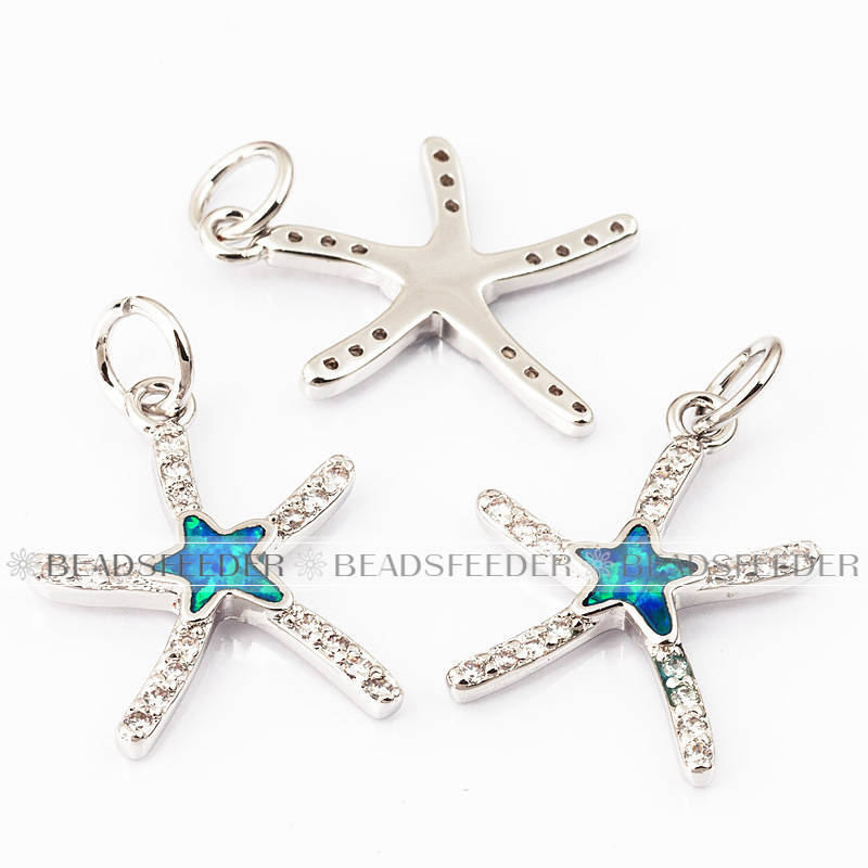 Sea star charm/pendant,blue opal, clear CZ micro paved,findingings,Cubic Zirconia CZ pendant,jewelry supplies,craft supplies,18x13x2mm,1pc