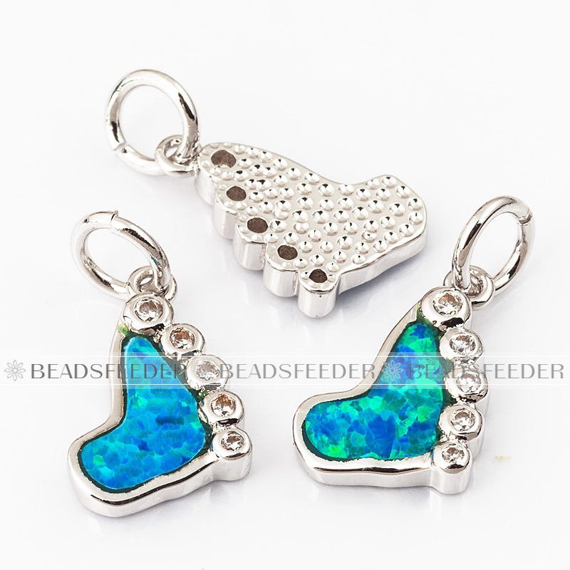 Cute baby feet charm/pendant,blue opal, clear CZ micro paved,findingings,Cubic Zirconia CZ pendant,jewelry supplies,craft supplies,15x8x2mm,1pc