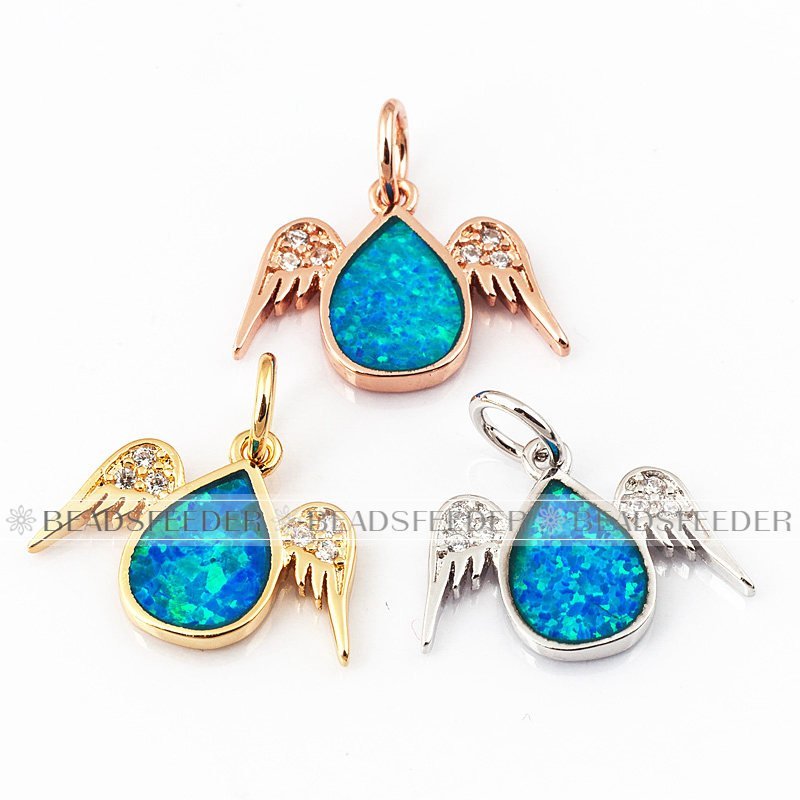 Angel charm/pendant,blue opal, clear CZ micro paved,findingings,Cubic Zirconia CZ pendant,jewelry supplies,craft supplies,11mm,1pc