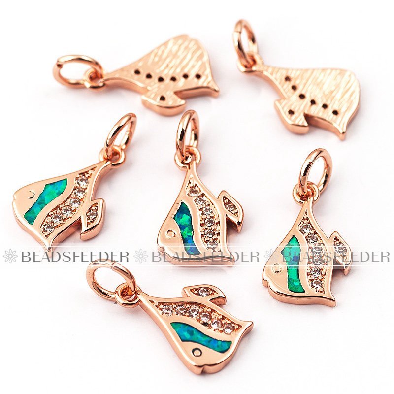 Tropical fish charm,blue opal, clear CZ micro paved, findingings, Cubic Zirconia CZ pendant ,Rose Gold/black/Silver colour, 13mm,1pc