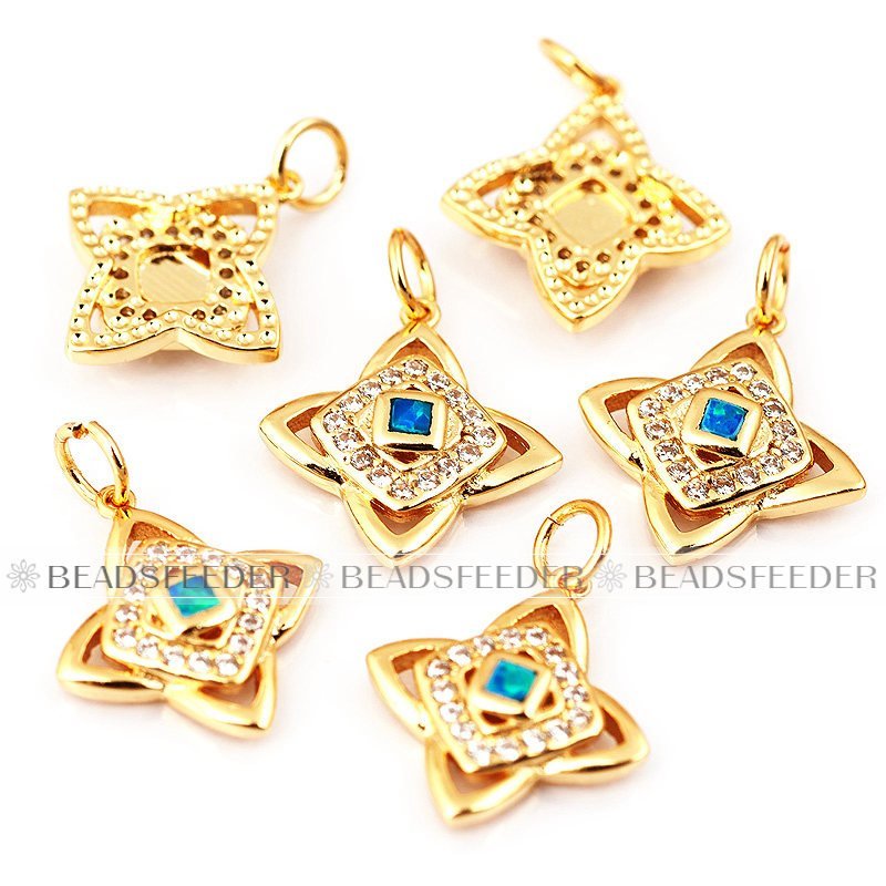 Clover flower charm/pendant,blue opal, clear CZ micro paved,findingings,Cubic Zirconia CZ pendant,jewelry supplies,craft supplies,14mm,1pc