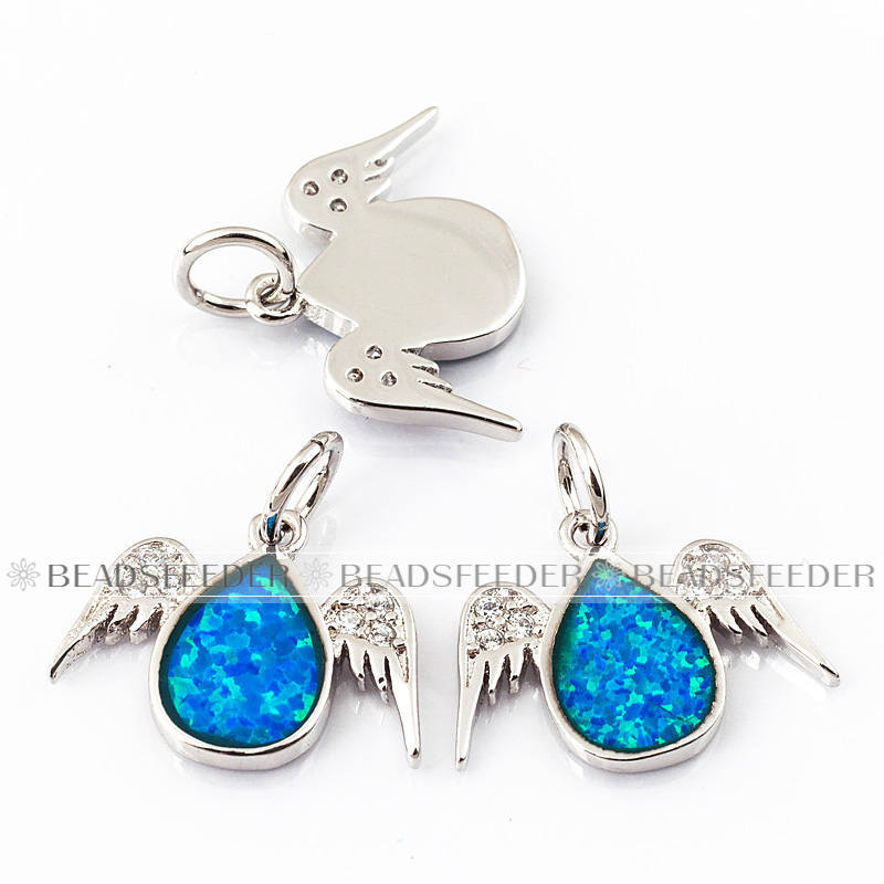 Angel charm/pendant,blue opal, clear CZ micro paved,findingings,Cubic Zirconia CZ pendant,jewelry supplies,craft supplies,11mm,1pc