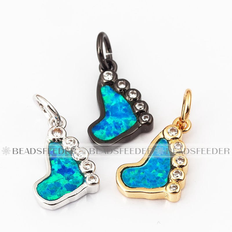 Cute baby feet charm/pendant,blue opal, clear CZ micro paved,findingings,Cubic Zirconia CZ pendant,jewelry supplies,craft supplies,15x8x2mm,1pc
