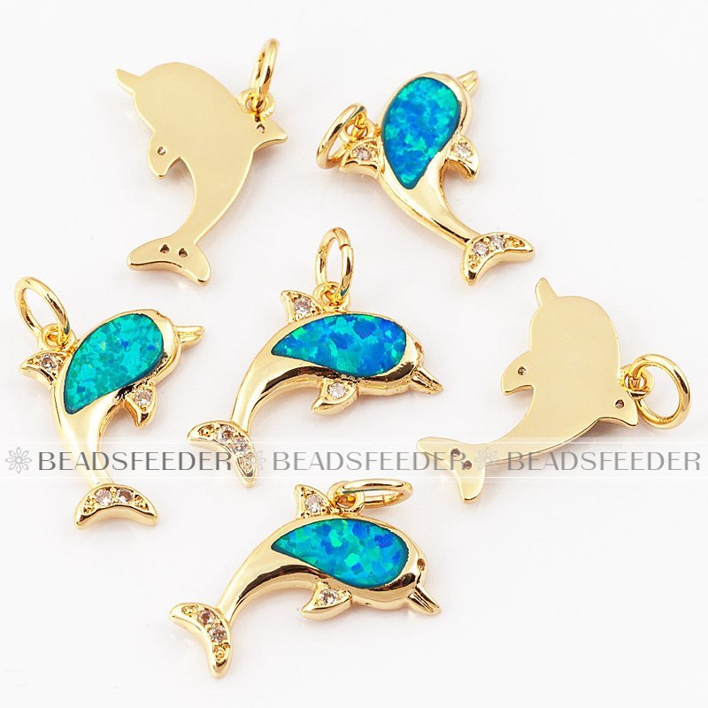 Dolphin charm/pendant,blue opal, clear CZ micro paved,findingings,Cubic Zirconia CZ pendant,jewelry supplies,craft supplies,14x17x2mm,1pc